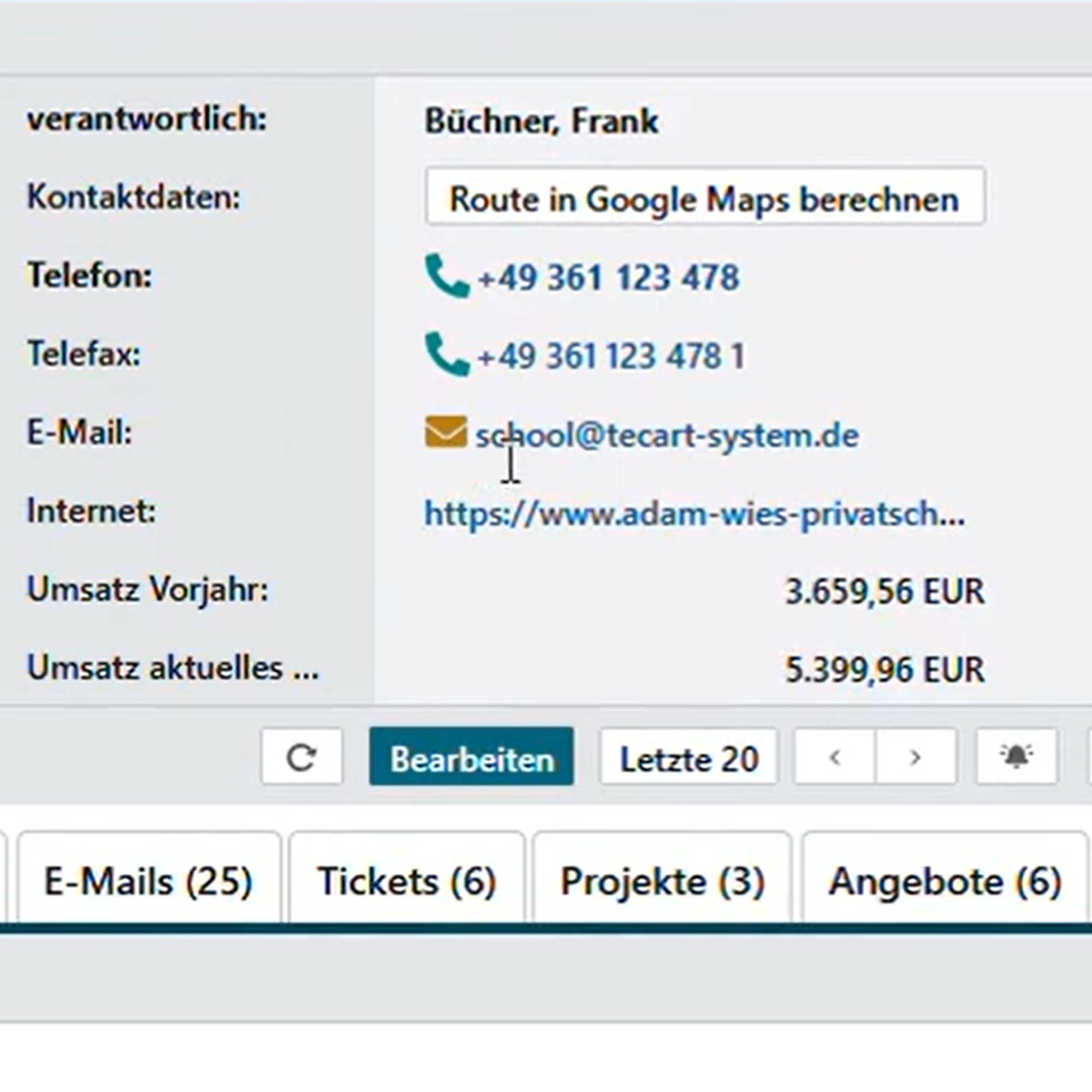 Der Ausschnitt zeigt, die Umsatzdarstellung im Kontakt des TecArt CRMs.