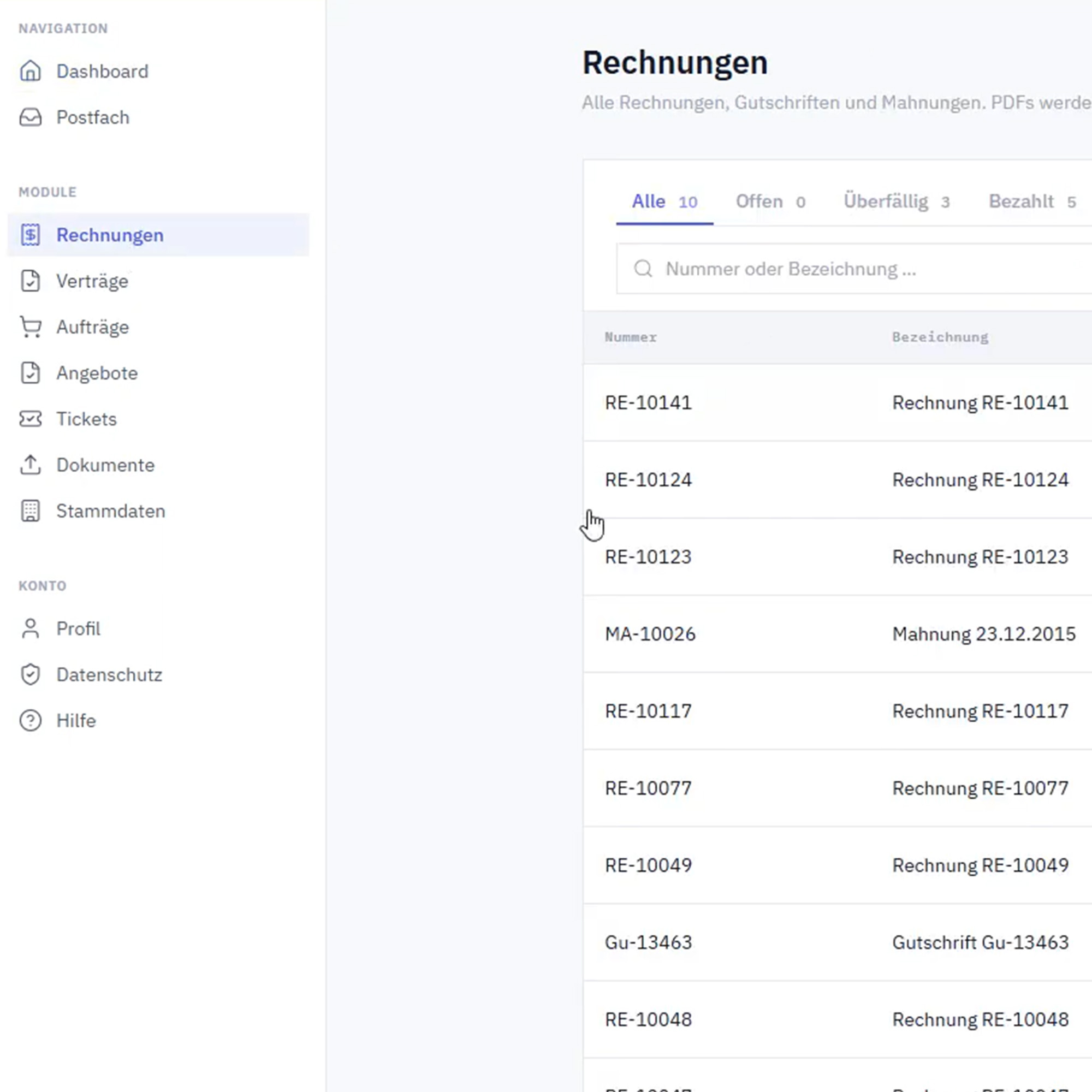 Customer Self-Service Portal mit der Rechnungsübersicht eines Kunden