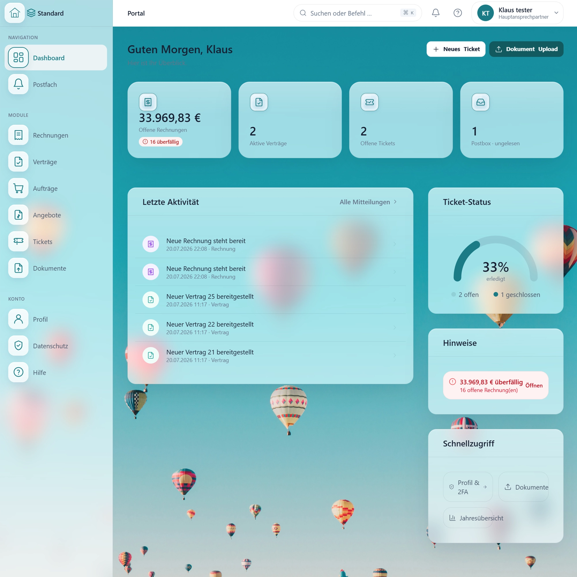 Customer Self-Service Portal im Dashboard