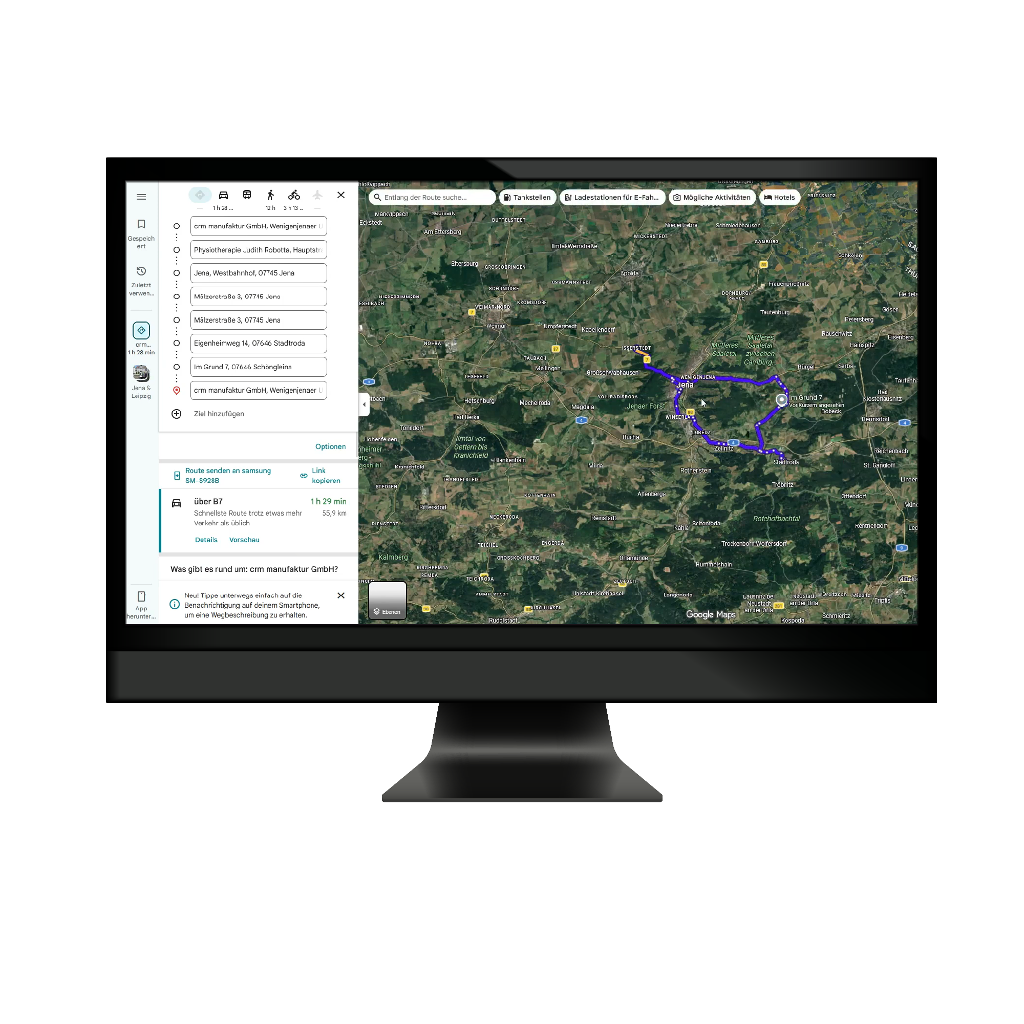 In Google Maps geöffnete Route, direkt aus dem TecArt CRM erzeugt
