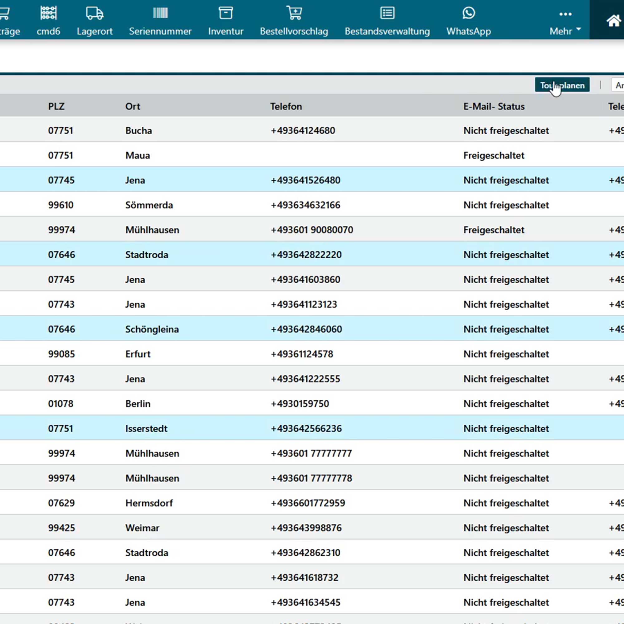 Ausschnitt aus dem TecArt-CRM Kontakt-Modul mit dem Button „Tour planen"