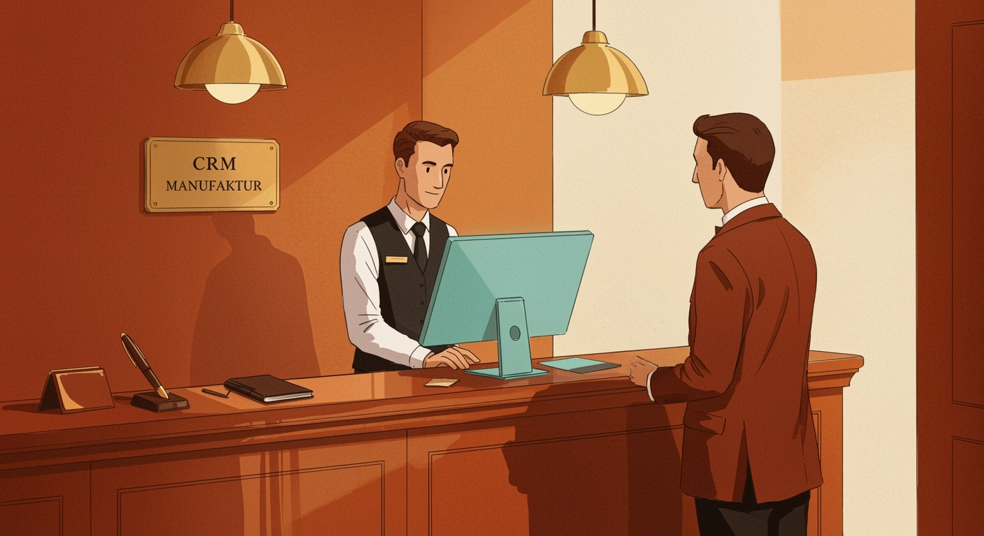 Concierge an einem Empfangsschalter prüft am Bildschirm die Daten eines ankommenden Gastes – Metapher für automatisierte Eingangsrechnungs-Prüfung im TecArt CRM
